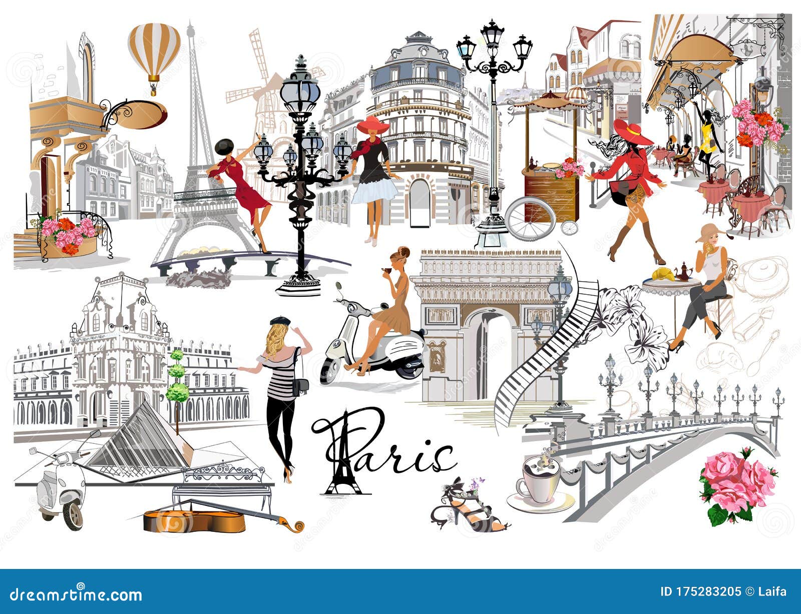 set of paris s with fashion girls, cafes and musicians.